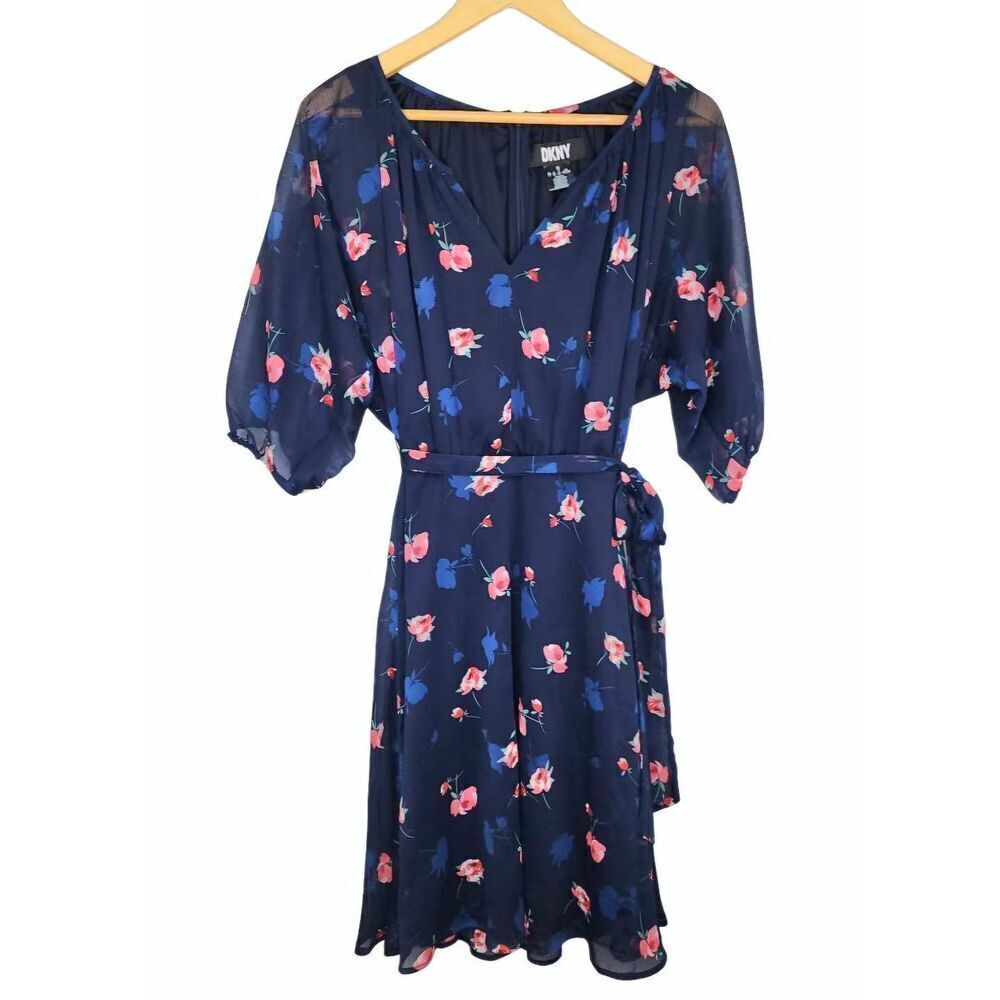 DKNY Puff-Sleeve Floral Belted Dress Size 12